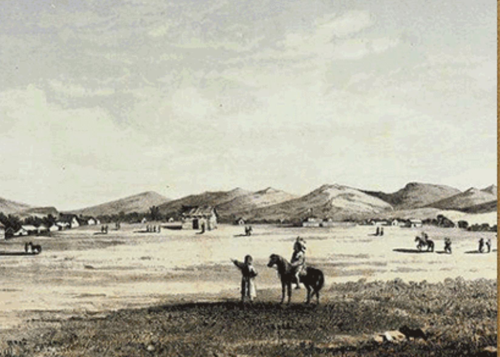 Historic prairie settlement and travelers